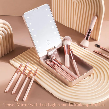 Luxurious Makeup Brush Set with Mini LED Light Mirror