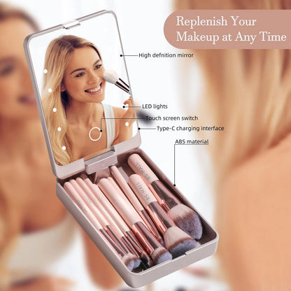 Luxurious Makeup Brush Set with Mini LED Light Mirror