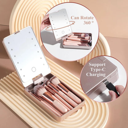 Luxurious Makeup Brush Set with Mini LED Light Mirror